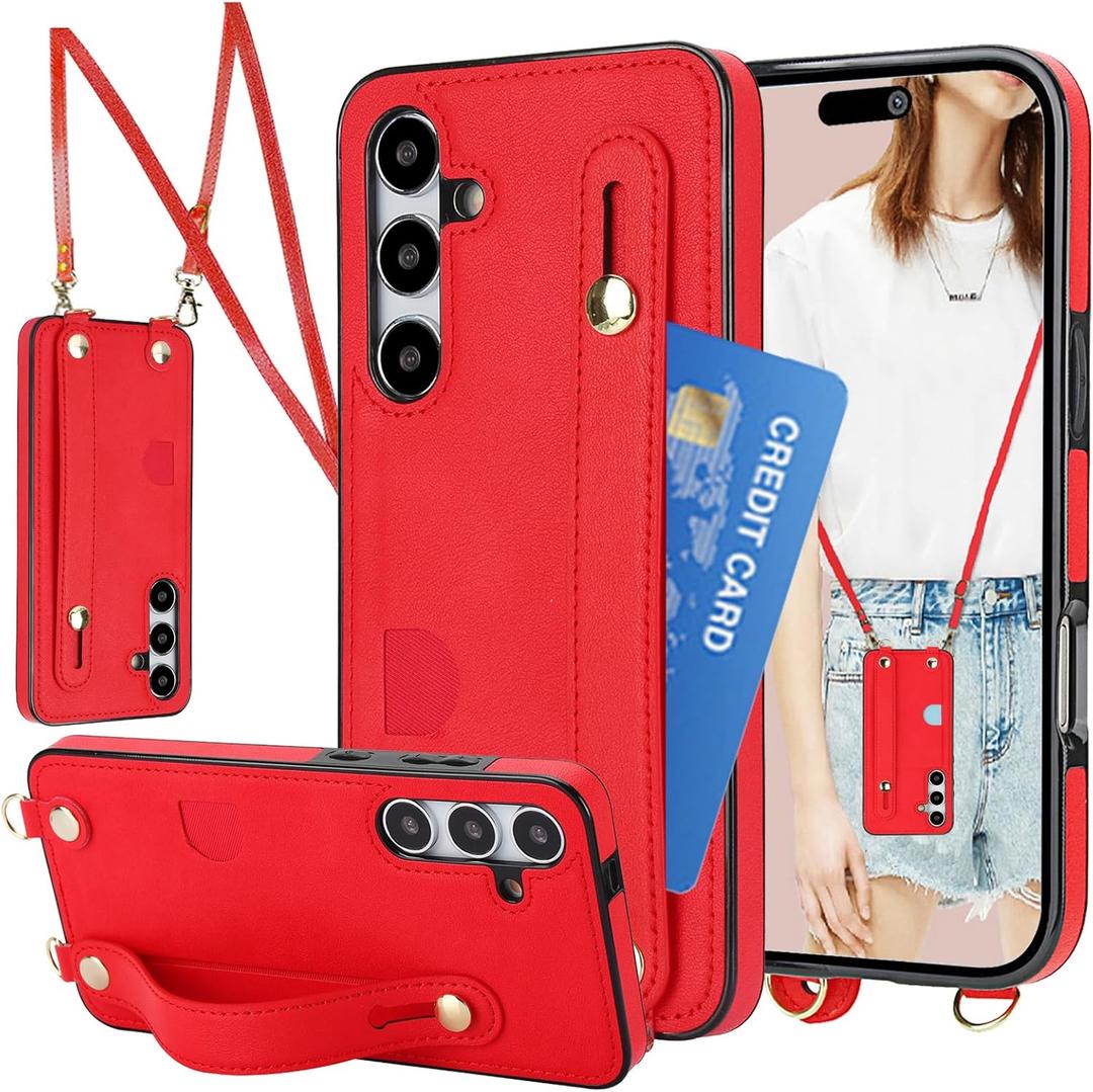 CCSmall Crossbody Case for Samsung Galaxy S24 with Card Slot Holder for Women, Removable Adjustable Shoulder Strap Lanyard with Wristband Kickstand Phone Cover Case for Samsung S24 KB Red