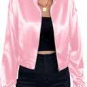 Verdusa Women's Bomber Satin Lightweight Jacket Drop Shoulder Long Sleeve Zip Up Outerwear (Pink, X-Large)