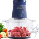 500W Food Processor, Blue Meat Grinder with Glass Bowl 8 Cup, Electric Food Chopper with 2 Sharp Blade Sets for Meat, Fruits, Vegetables, Baby Food, Nuts, 2 Speed