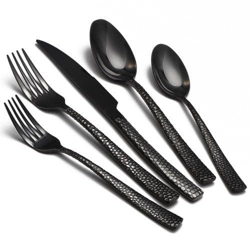 Black Hammered Silverware Set, 20 Piece Stainless Steel Flatware Set for 4, Food-Grade Tableware Cutlery Set for Home Restaurant, Mirror Polished, Dishwasher Safe