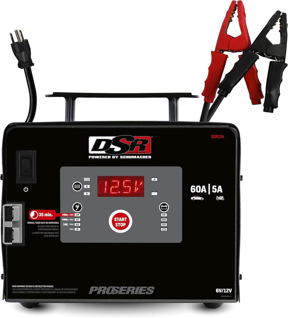 Schumacher Electric 60A Car Battery Charger and Maintainer, Manual and Automatic Operation, Battery Tester, DSR Professional Grade, for 6V/12V Automotive and Marine Batteries, DSR134