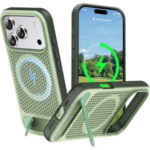for Magnetic Heat Dissipatio case for iPhone 17 Pro Max, for MagSafe, Cooling Drop Protection, Adjustable Metal Kickstand, Vibrant Color Blocking Soft Silicone Material - Green