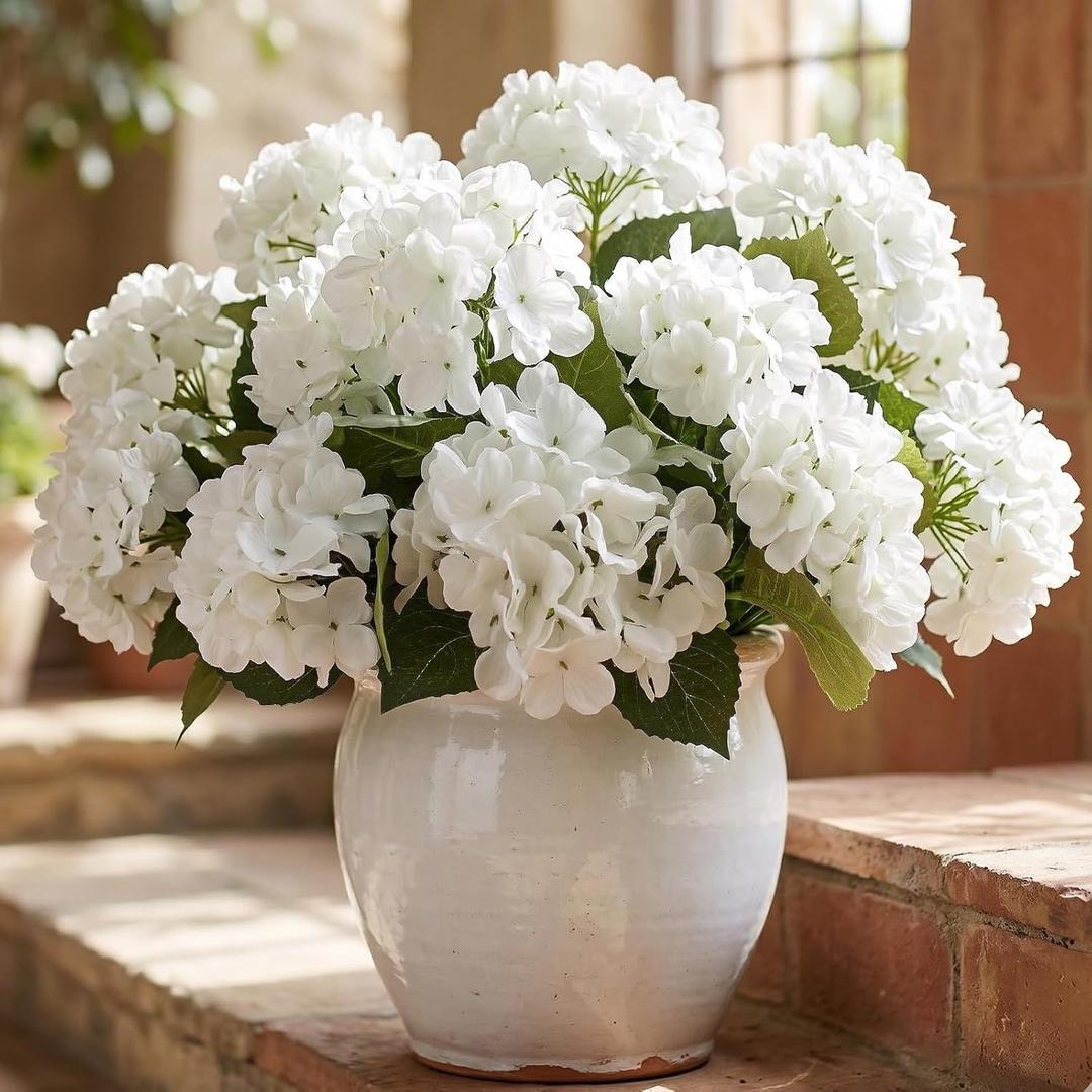 8 Pcs Hydrangea Artificial Flowers Outdoor Silk Bouquets, UV Resistant Faux Hydrangeas Flowers for Table Vase Centerpieces Outside Party Wedding Baby Shower Home Indoor Outdoor Decor (8, White)