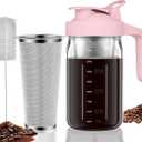 Cold Brew Coffee Maker Pitcher, 32 oz Thick Glass Mason Jar Spout Lid with Handle & Stainless Steel Filter for Iced Brew Coffee, Ice Lemonade, Sun Tea, Fruit Drinks Container (Pink)