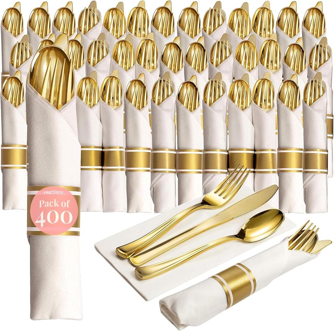 Prestee 400 Pieces Pre Rolled Gold Plastic Silverware Set for 100 Guests - Premium Disposable Silverware Set with Napkins - Wrapped Utensils with Forks, Knives, Spoons, Napkins for Weddings and Events