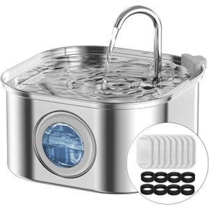 Cat Water Fountain Stainless Steel: 108oz/3.2L Automatic Pet Water Fountain - Dog Water Dispenser with Water Level Window - for Cats Inside with 8 Replacement Filters and 8 Sponges