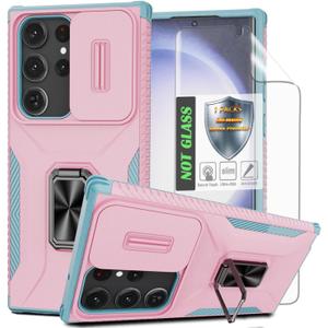 for Galaxy S22 Ultra Case with Sliding Camera Lens Cover,HD Screen Protector,360 Rotating Kickstand,AYMECL Military-Grade Shockproof Protective Cover for Samsung Galaxy S22 Ultra,Pink+Turquoise
