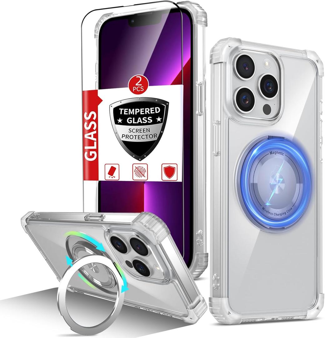 for iPhone 13 Pro Case Magnetic Compatible with MagSafe Wireless Charging,with 2 Screen Protector,Built-in Kickstand,for 13 Pro Phone Case Military Grade Heavy Duty Protection Shockproof Clear
