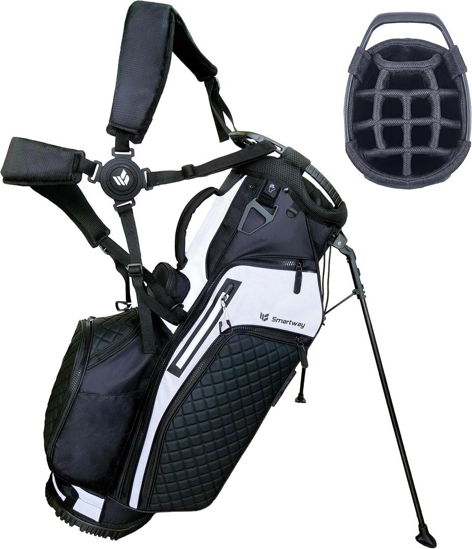14 Way Golf Stand Bag, Lightweight Carry Bag with Ergonomic Dual Straps, 10 Pockets with Waterproof & Cooler Pockets and Rain Cover, for Men and Women (Black/ White)