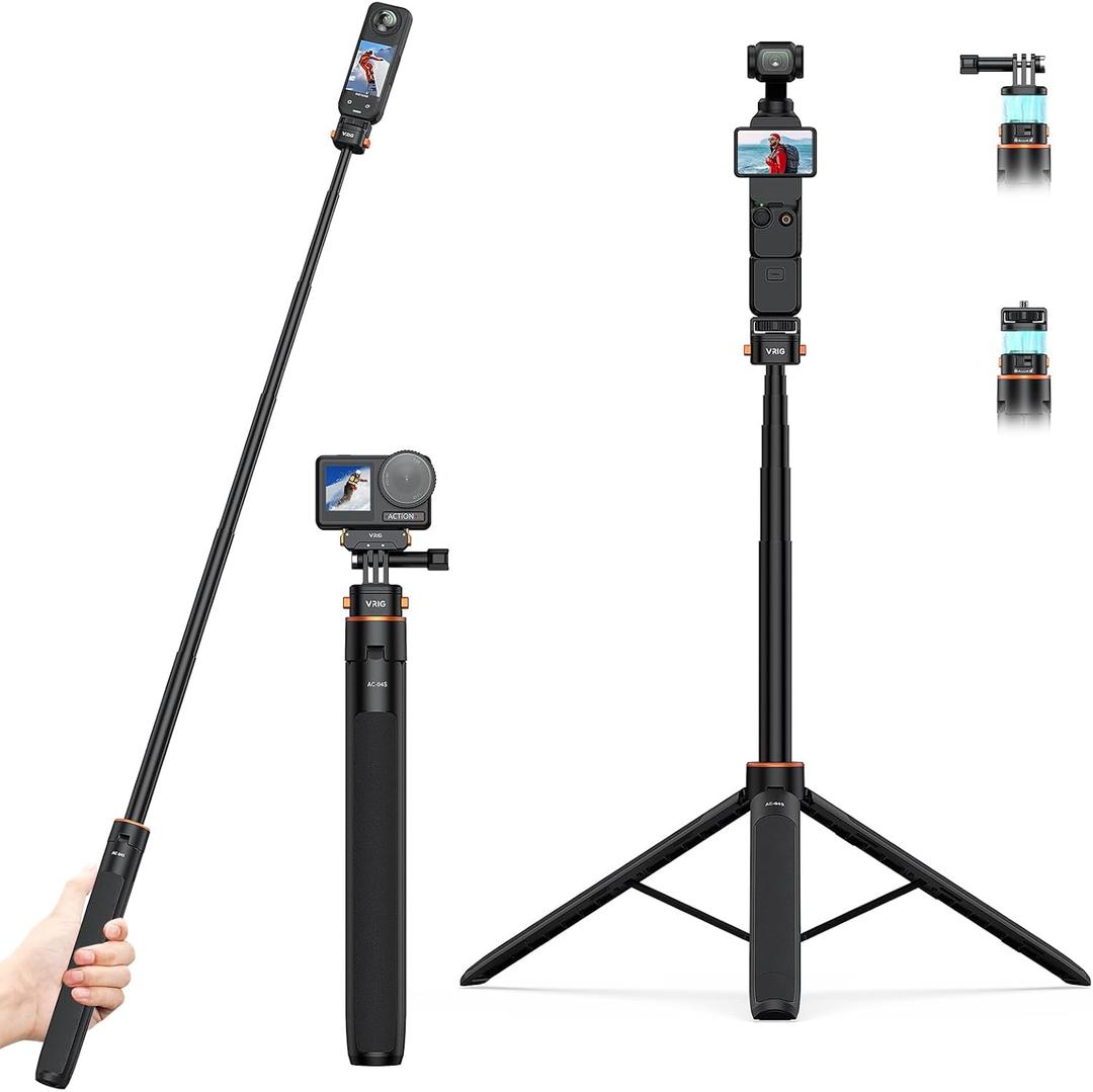 VRIG 64" Pocket 4/3 Selfie Stick Tripod for GoPro,Extendable Tripod Stand with Quick Release 1/4" Screw for Insta360 X5/X4,GoPro Hero 13 12 11,DJI OSMO Action 5Pro/4/3,Session, SJCAM,Xtra Muse/Edge
