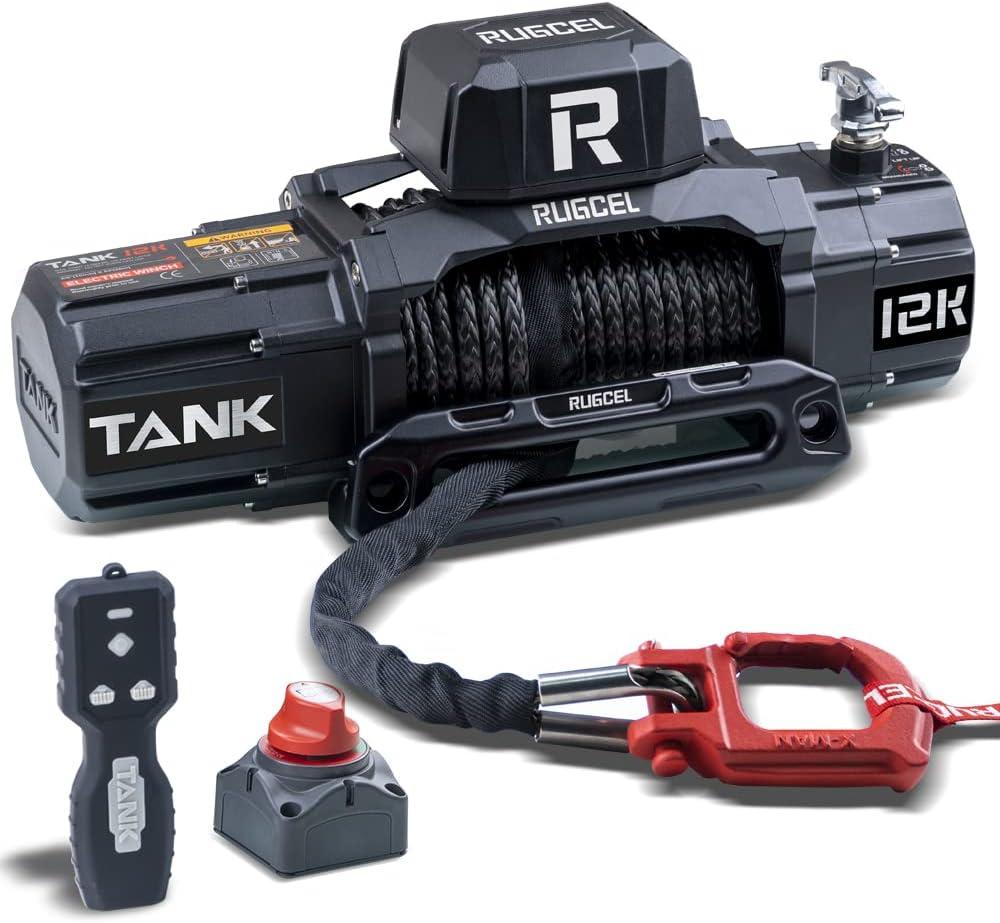 RUGCEL WINCH 12000lb New Waterproof Electric Synthetic Rope Winch 12V with Hawse Fairlead,2 in 1 Infrared Remote Control,Wired Control,Black Rope,for Truck SUV