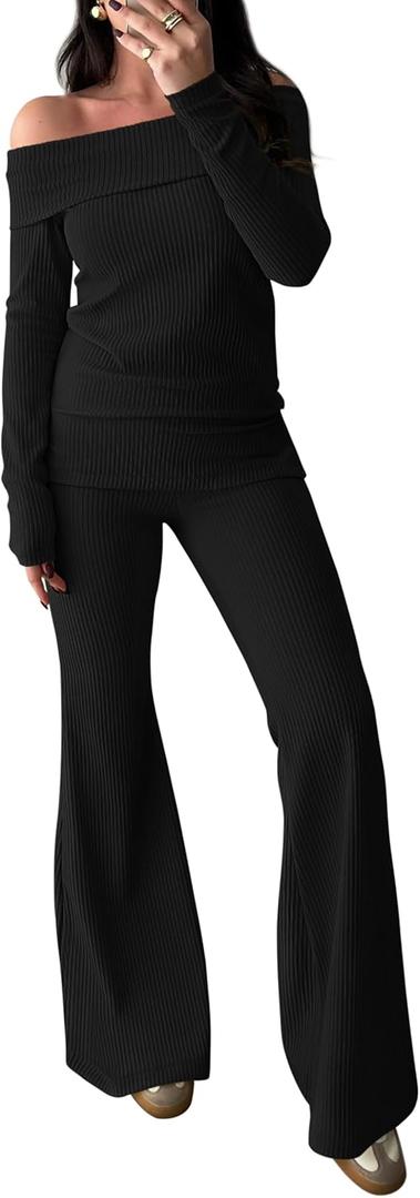 PRETTYGARDEN Women 2 Piece Outfits Fall Long Sleeve Off The Shoulder Slit Top Long Flared Pant Set Rib Knit Lounge Sets