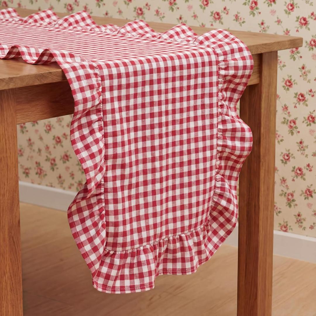 Tegeme Red Gingham Table Runner 12''x71'' Cotton Ruffle Checkered Plaid Tables Runner Farmhouse Gingham Tablecloth for Home Kitchen Dinner Party Table Decorations (Plaid)