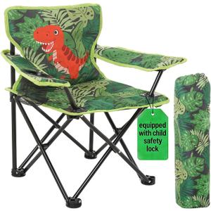 Huskfirm Padded Kids Camping Chair Folding Toddler Chair with Cup Holder & Safety Lock Portable Kids Beach Chair Ages 3-6 for Outdoor Camping Foldable Kids Chair Support 120lbs, Green Dinosaur