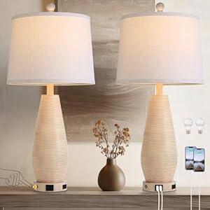 25 Jar Table Lamps Set of 2, Ceramic Bedside Lamps for Bedroom, Beige Farmhouse Nightstand Lamps for Living Room