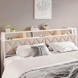 Queen Headboard Only, Headboard for Queen Size Bed with Storage, Upholstered Headboards with LED Lights & Charging Station, Attach Frame, Ideal for Bedroom/Dorm/Guest Room, White & Beige