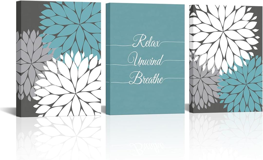 Zlove Blue and Grey Bathroom Wall Decor Dahlia Flower Painting Prints Relax Signs Artwork for Spa Yoga Room, 12"x16", 3Pcs