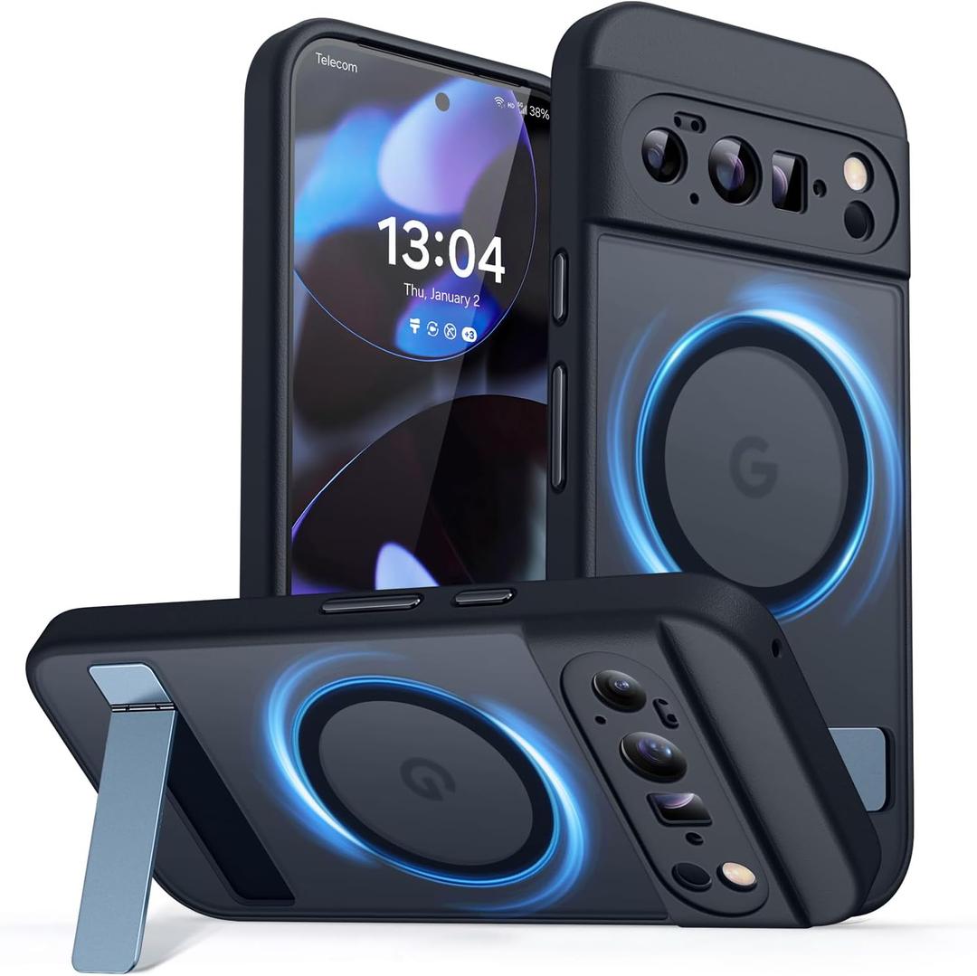CANSHN Magnetic for Google Pixel 10 Pro Case(6.3") with Durable Metal Stand, Upgraded [Full Camera Protection] Translucent Matte Back, Hard Case Cover, Black
