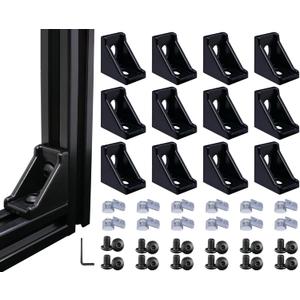 12 Sets 2020 Aluminum Extrusion Black Connectors,12pcs 2020 Series Corner Brackets,with 24pcs Sliding T Nuts and Screws, for Aluminum Extrusion Profile Slot 6mm