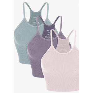 ODODOS Women's Crop 3-Pack Seamless Rib-Knit Camisole Crop Tank Tops, Small