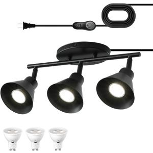 3 Light Plug in Track Lighting Kit,Modern Plug in Ceiling Light Fixture,16.4ft Cord,Timer & Dimming Switch,3 Way Ceiling Spot Lighting,Flexibly Rotatable Light Head (Black)