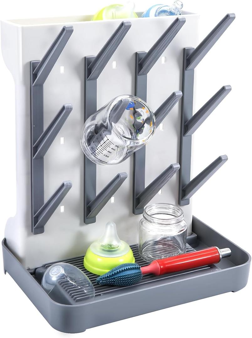 MeCids Baby Bottle Drying Rack, Vertical Standing Bottle Dryer Rack Holder, Space Saving Baby Bottle Drying Rack for Countertop - Holds Up to 12 Baby Bottles (Gray)