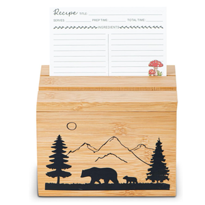dgudgu Bamboo Recipe Box With Cards And Dividers -Cute Recipe Card Box Decorative Laser Engraved Bear Image, Recipe Card Box With Two Recipe Card and Phone Holding Grooved