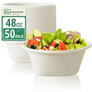 48 Oz Bowls Disposable - Heavy Duty Compostable Paper Bowls, Microwave Safe Large Bowls, Ideal for Restaurant Catering, Salads, Buffets & Eco-Friendly Use - 50 Pack [White]