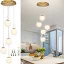 KoKo&Yukina 5-Light Globe Glass Pendant Light Adjustable Length Pendant Lights Fixtures Modern Gold Chandelier with Milky White Glass Ceiling Lights for Foyer Hallway Bedroom (Bulb & Remote Incl.), 5-light, D13.7"