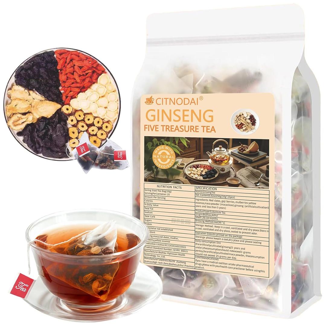 Ginseng Five Treasures Traditional Chinese Herbal Tea, 25 Tea Bags, Natural Kidney Support Blend, 250g (1)