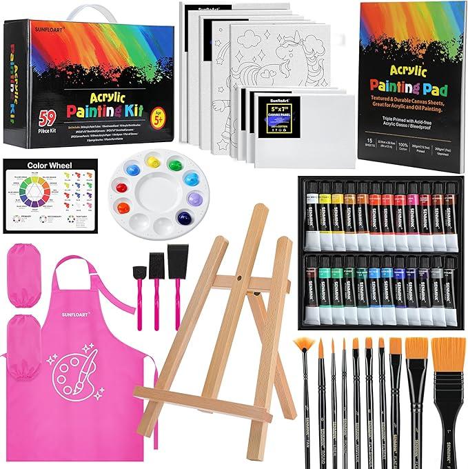 59pcs Acrylic Paint Set - Art Supplies Kit With 24 Non-Toxic Paints, Easel, Brushes, Canvas for Kids, Artists and Beginners, Pink