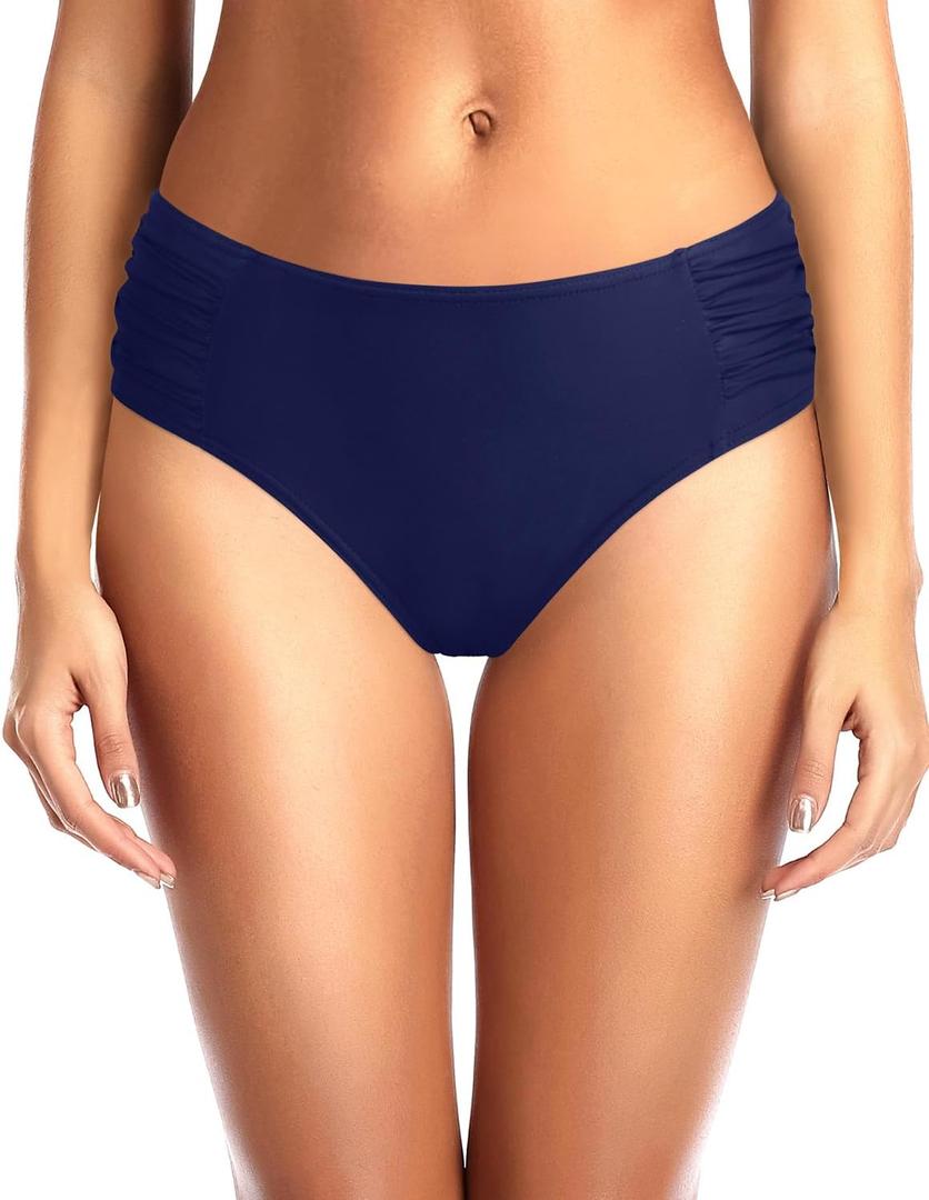 Tempt Me Women Bikini Bottoms Mid Waist Bathing Suit Swimsuit Ruched Swim Bottom (Navy Blue, Medium)