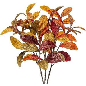 Artificial Magnolia Leaves 26.3" Tall Fake Fall Leaves Stems 3 Pack Faux Fall Leaves Realistic Fall Floral Stems Long Fall Decorations for Home Fireplace Table Centerpieces Décor Autumn Leaf Branches