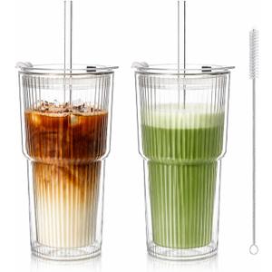 KEMORELA Iced Coffee Cups with Lids 20oz Ribbed Double Wall Glass Cups with Lids and Straws 2PCS, Coffee Bar Accessories Insulated Borosilicate Glass Tumblers, To Go Coffee Cups, Spill proof tumbler