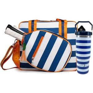 Aloof Pickleball Tote - Designer Series Pickleball Bag for Women in Navy/White Stripe + Navy Stripe 30-ounce Tumbler With Top Handle and Flip Straw