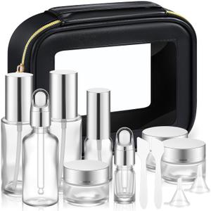 13 Pcs Glass Skincare Travel Containers Mini Makeup Containers Travel Size Toiletries Bottles with Pump Spray and PU Leather Toiletry Bag for Liquid Serum Cream Moisturizers Oils (Silver)