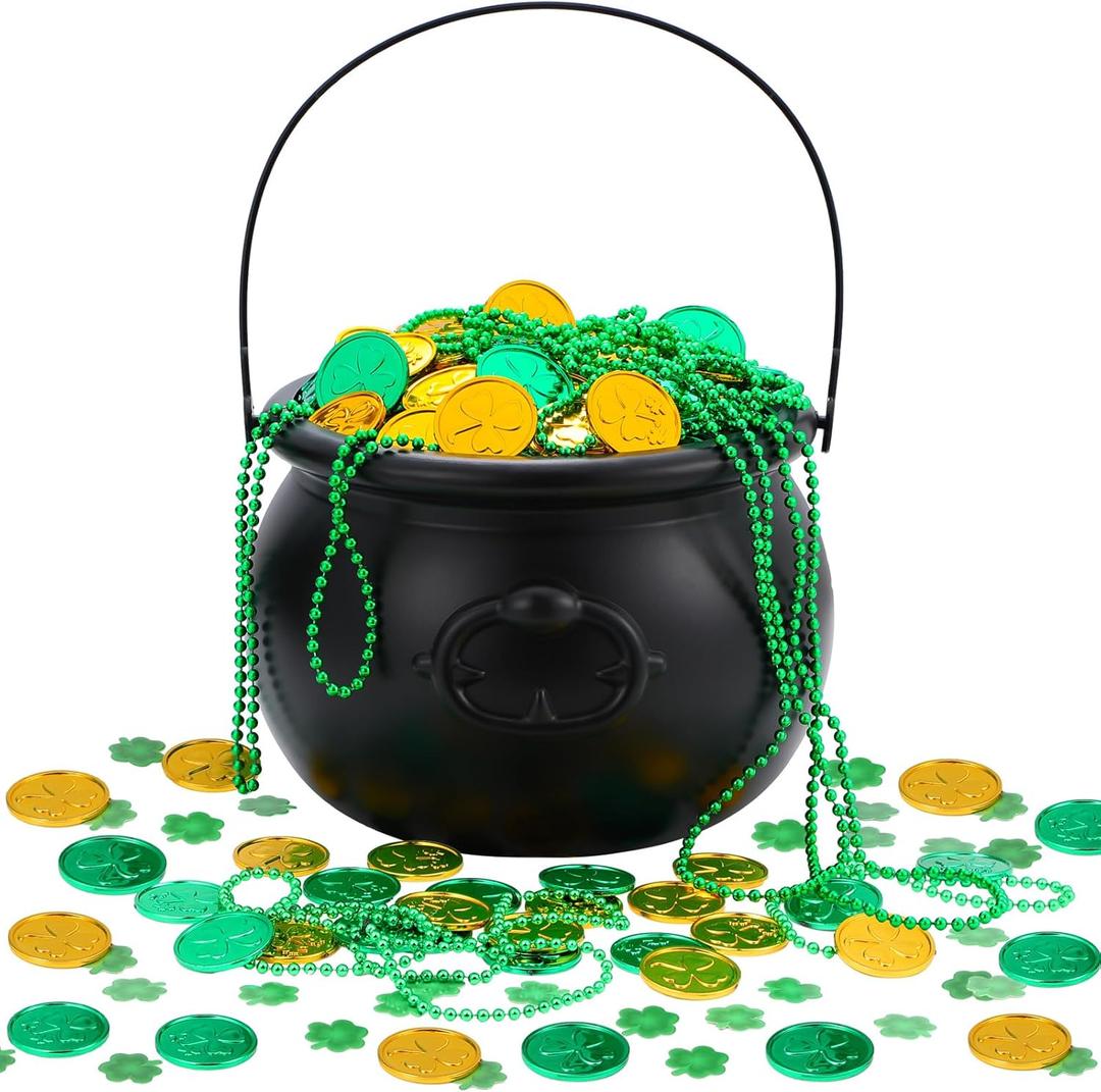 Poen 321 Pcs St Patrick's Day Cauldrons Set Including Plastic Cauldrons Coins Shamrock Confetti and Bead Necklace for St Patrick's Pot of Gold Party Decorations(Black)