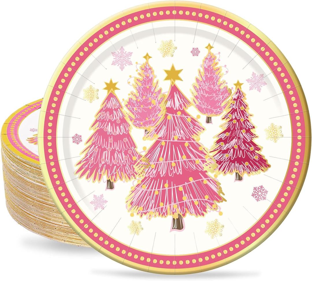 40Pcs 9 Inch Christmas Plates Merry Christmas Disposable Paper Plates Gold Foil Pink Xmas Tree Party Plates for Holiday Party Dinner Tableware Supplies Decor