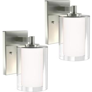 Wall Sconces Set of Two: Bathroom Sconce of 2, Silver Vanity Fixtures with Double Clear Glass Shade, E26 Base Hardwired Farmhouse Wall Lights for Bedroom Living Room Bathroom (Bulb not Included)