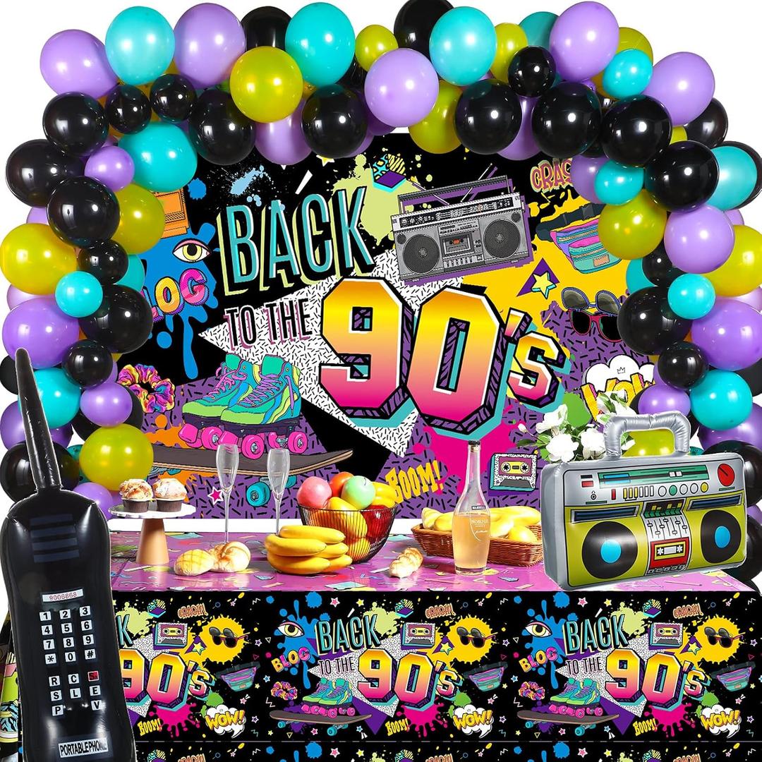 Irenare 85 Pcs 90s Party Decorations 90's Party Birthday Supplies Includes Inflatable Radio Boombox and Mobile Phone, Back to 1990s Backdrop Tablecloth, 75 Pcs Balloons for Hip Hop (90s Style)