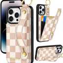 Petitian for iPhone 14 Pro Max Wallet Case - Women Girls Cute Girly Aesthetic Unique Design Leather Credit Card Holder Phone Cover Stand Wristband for iPhone 14 Pro Max, Khaki Checkered