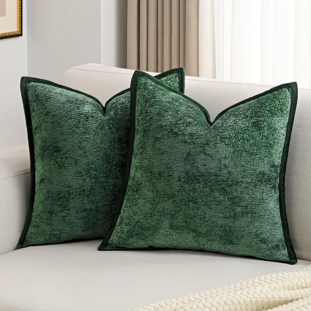 FUTEI Dark Green Chenille Throw Pillow Covers 18x18 Inch Set of 2,Soft Cozy Bound Edge Design Cushion Case,Home Decor for Couch Bed Living Room