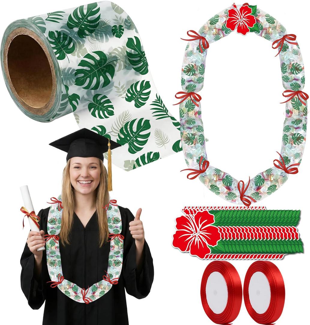 Graduation Candy Lei Making Kit, 23 Pcs 2026 Grad Hawaiian Candy Leis Tubing Set with Rolls Ribbons and Green Hibiscus Cards for College High School Congrats Graduate Party Supplies Gifts
