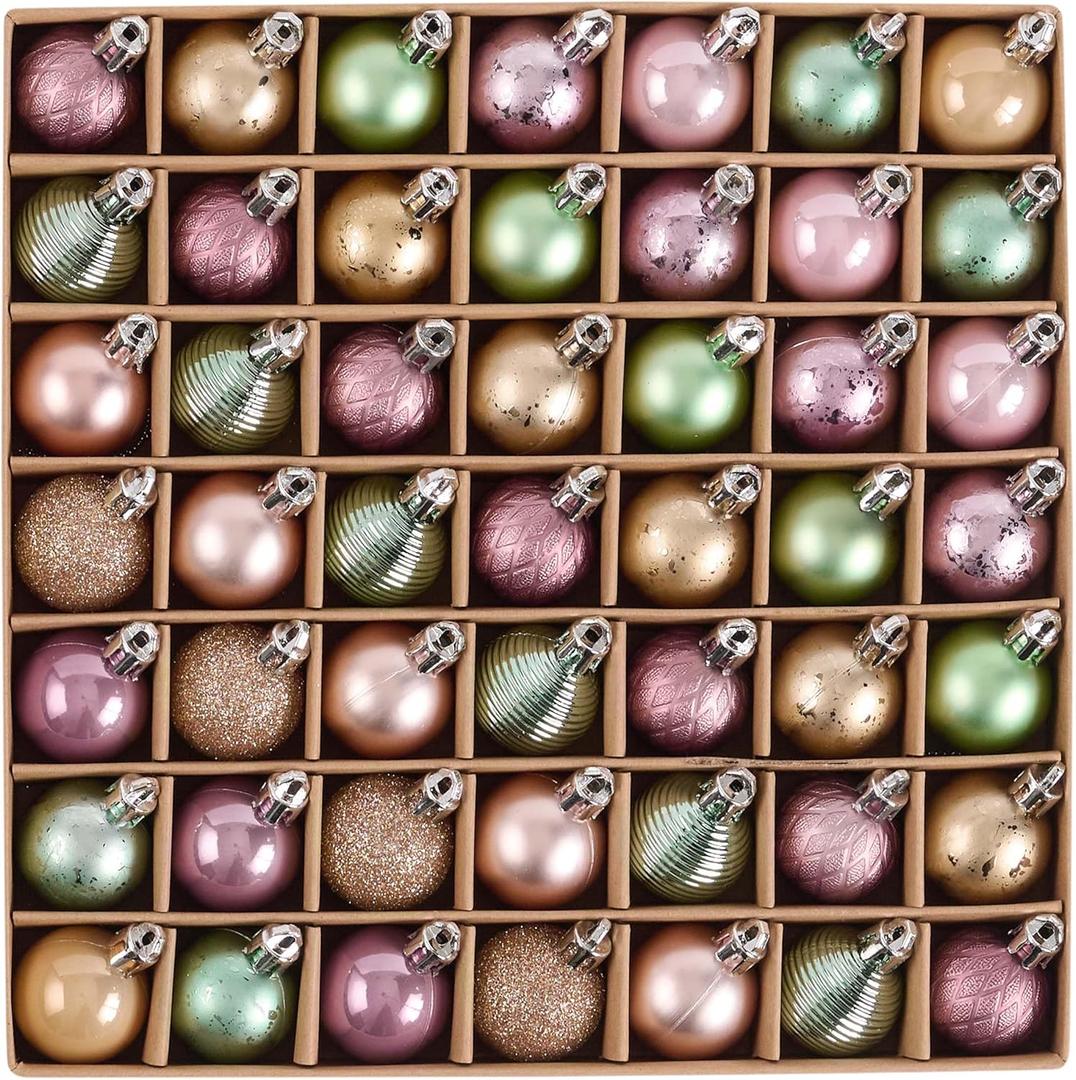 DecorbyHannah Mini Pink Green Christmas Ornaments Set, 49ct 1.18 inches Small Ornaments for Christmas Tree Decorations, Shatterproof Plastic Hanging Ball Bulk for Xmas Holiday Indoor Party Decor