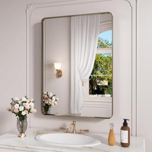 JISOSO Bronze Bathroom Mirror 22x30 Inch, Brushed Bronze Metal Frame Mirror for Wall, Rounded Rectangle Bathroom Vanity Mirror with Tempered Glass, Anti-Rust, Horizontal/Vertical
