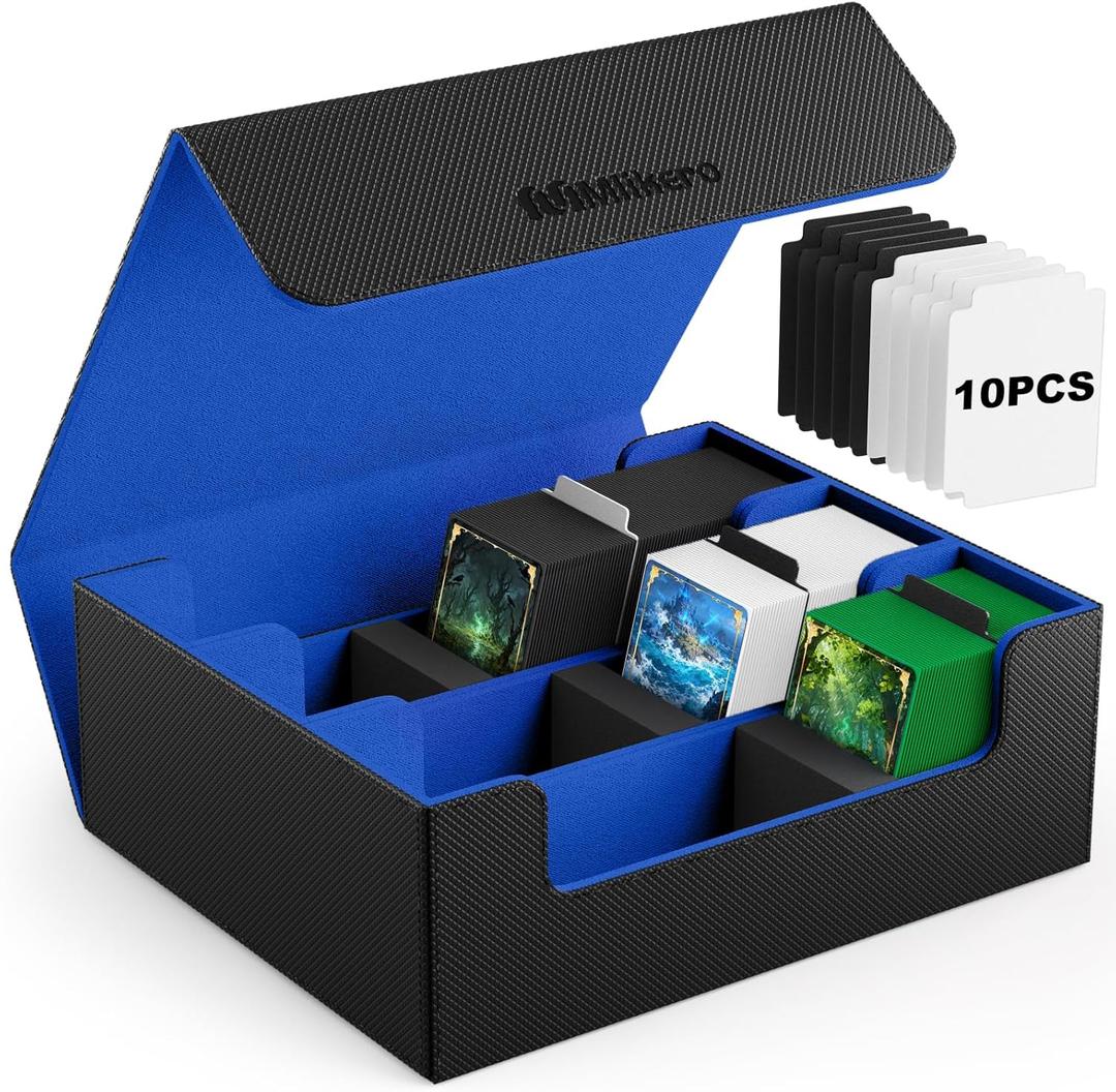 Mlikero Card Deck Case, 1800+ Trading Card Storage Box with 10 Dividers and 3 Foam Stoppers, Leather Magnetic Closure Commander Deck Box Fit for YuGiOh, MTG and Sport Cards (Black & Blue)