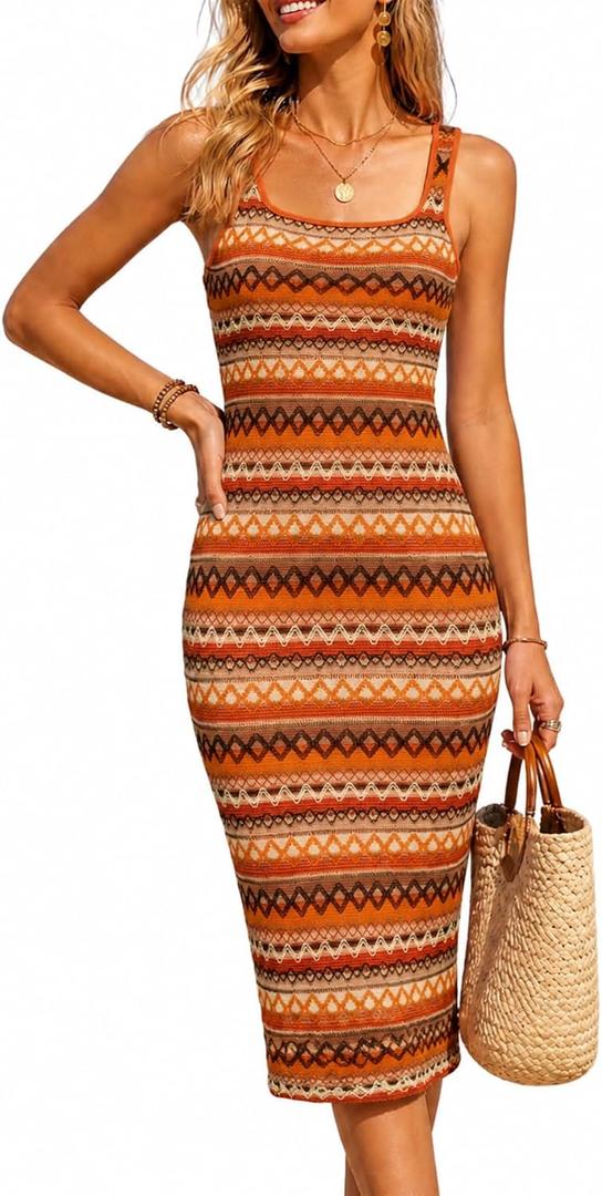 Women's Boho Square Neck Sleeveless Beach Bodycon Midi Dress (Orange, M)