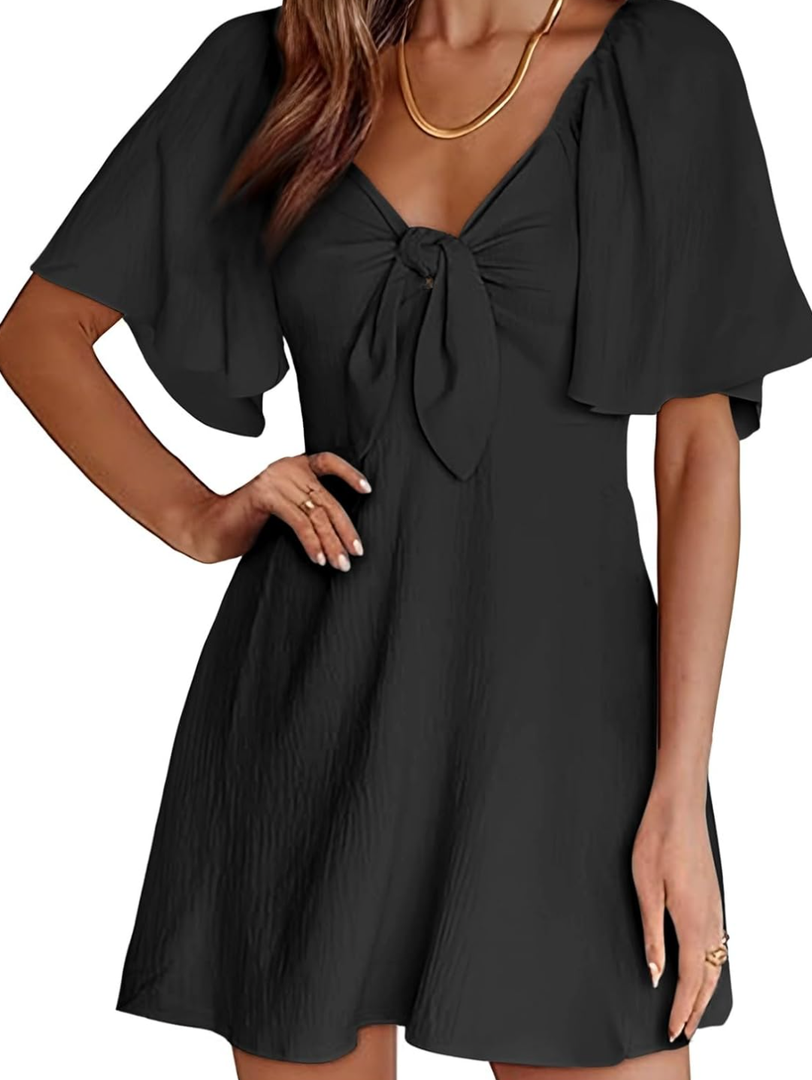 Dokotoo Womens Dresses 2025 Summer Fall Deep V Neck Elegant Bow tie Mini Dress, Small