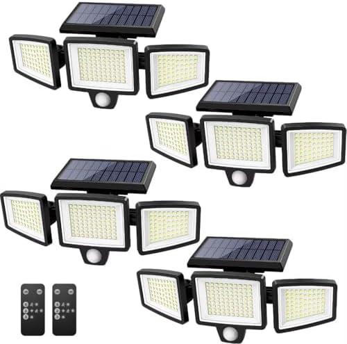 Tuffenough Solar Outdoor Lights 2500LM 210 LED Security Lights with Remote Control,3 Heads Motion Sensor Lights, IP65 Waterproof,270° Wide Angle Flood Wall Lights with 3 Modes(3Pack)