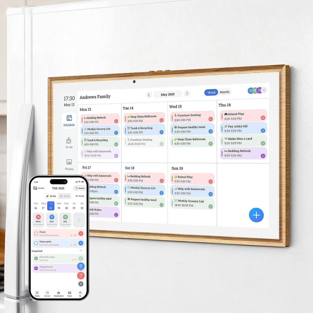 JSUSOU Magnetic Fridge Digital Smart Calendar 15.6" with FREE APP, Auto Sync Electronic Planner for Desk & Wall Touch Screen, Magnetic Refrigerator Mounted, Gifts for Mom Women Her, Teak Wood Grain